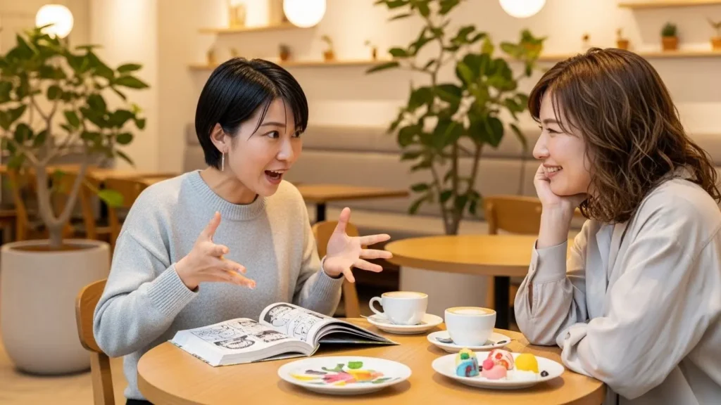 カフェで漫画を広げながら、それぞれの推しキャラクターについて熱く語り合っている二人の日本人女性ファン