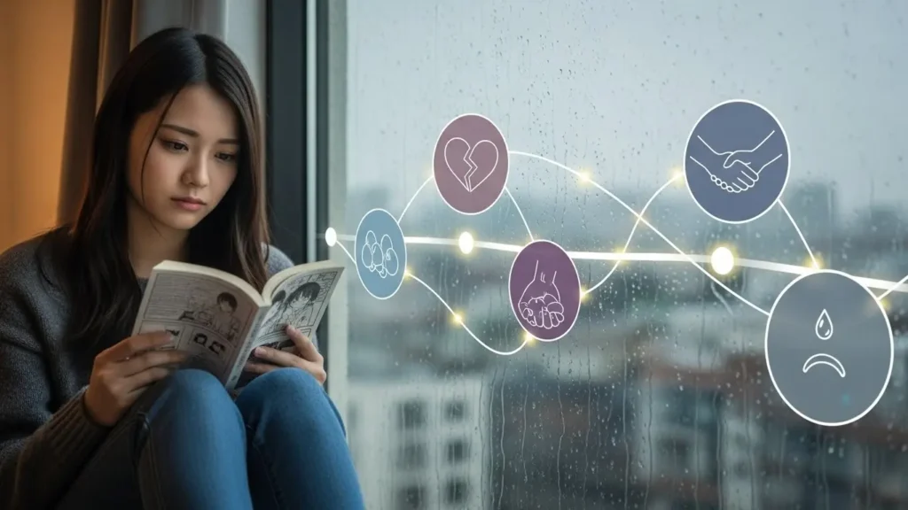 窓辺で漫画を読み返しながら、物語の中で変化していく主人公の心の揺れ動きに思いを馳せる日本人女性