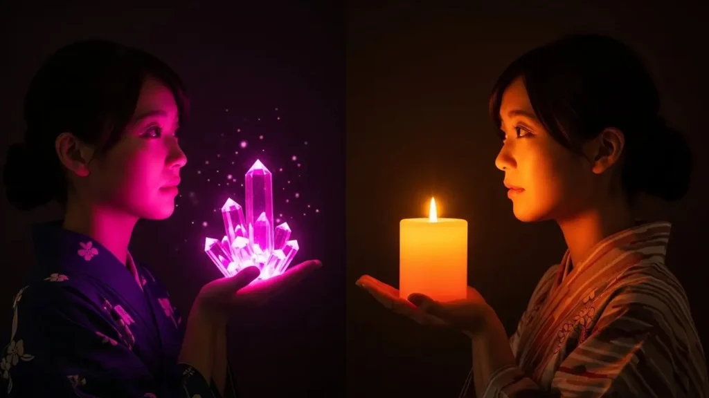 きらめく恋心と温かい愛情の違いを、光るクリスタルとキャンドルの対比で表現し、その違いを分析する女性