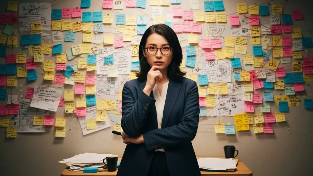 壁一面のメモや相関図を見ながら、物語の最終的な結末がどうなるかを真剣に考察している探偵風の日本人女性