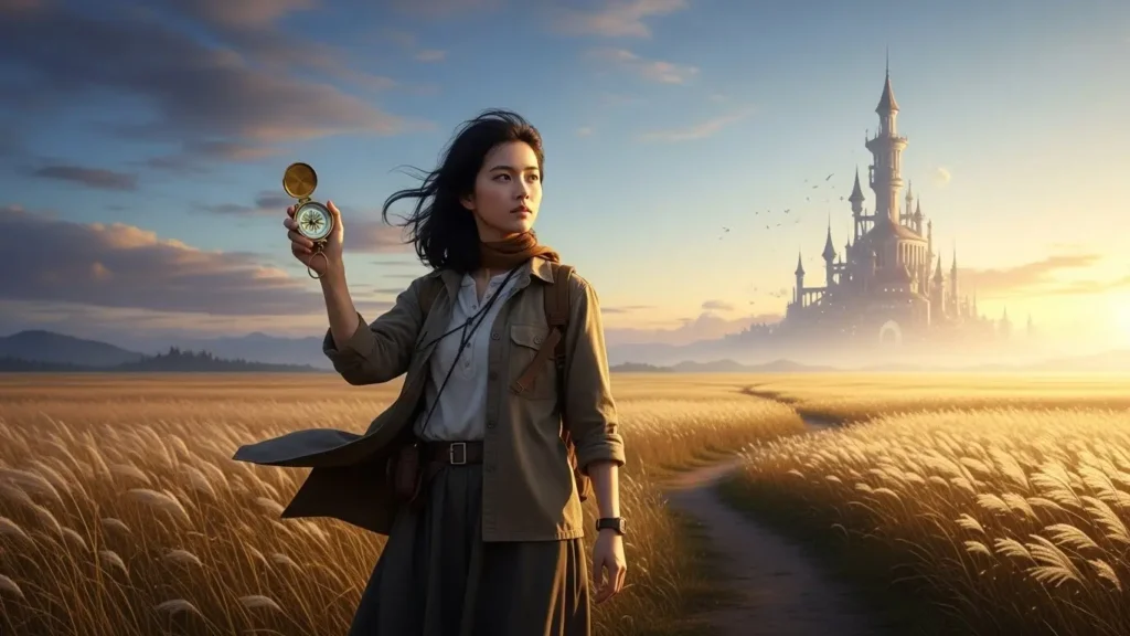 コンパスを手に持ち、自立して新たな目的地へと向かう主人公の姿を重ね合わせる、冒険心に満ちた日本人女性