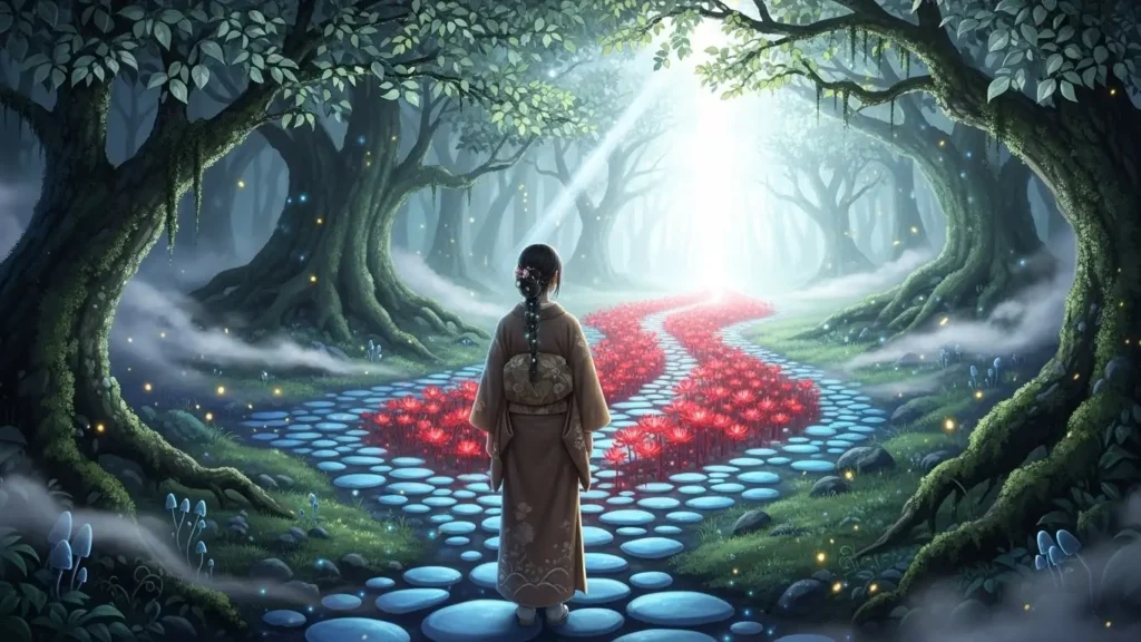 森の中の三叉路に立ち、王道ルート、救済ルート、そして自立の道のどれに進むべきかを選択しようとしている様子