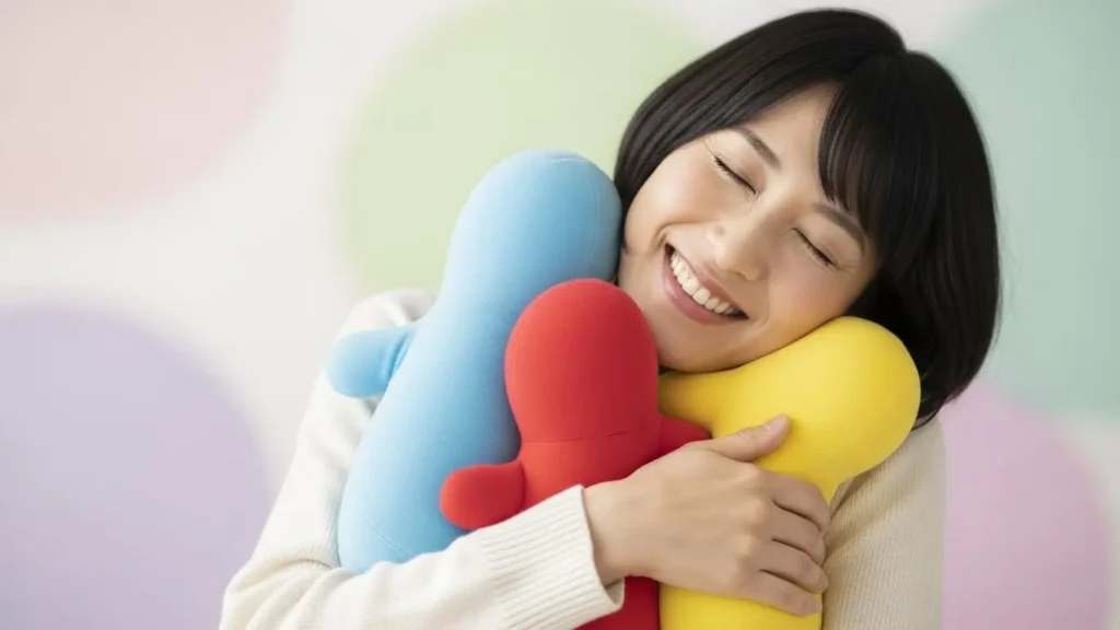 3つの色のぬいぐるみを同時に抱きしめ、登場人物全員が幸せになることを願う「箱推し」ファンの幸せそうな日本人女性