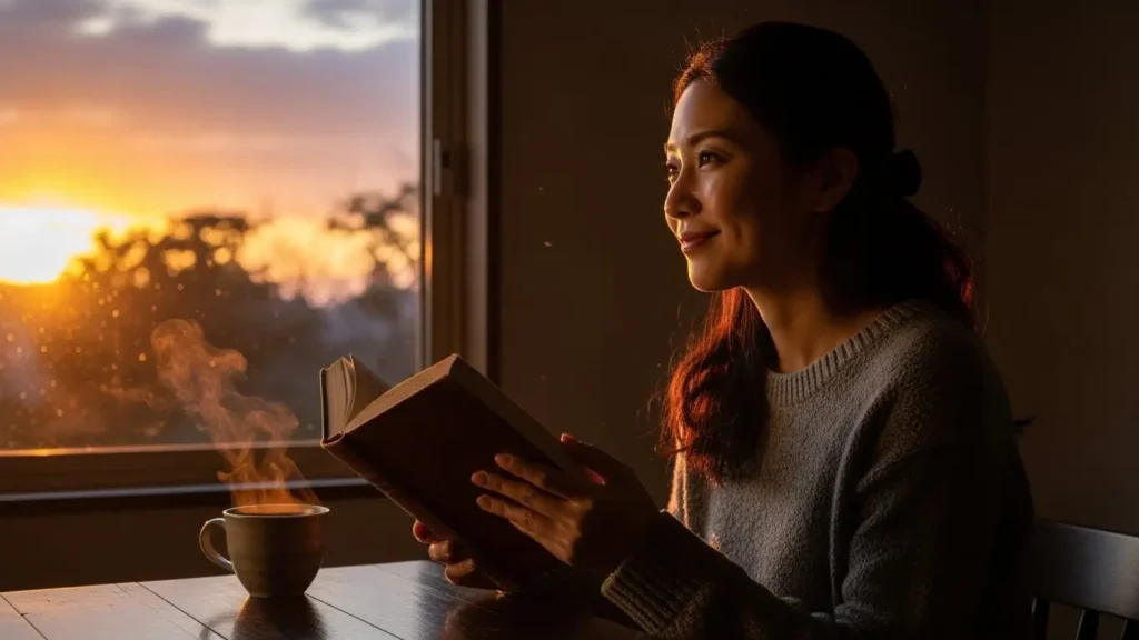 本を閉じて窓の外の夕日を見つめながら、これからの物語の展開に期待を膨らませている満足げな日本人女性