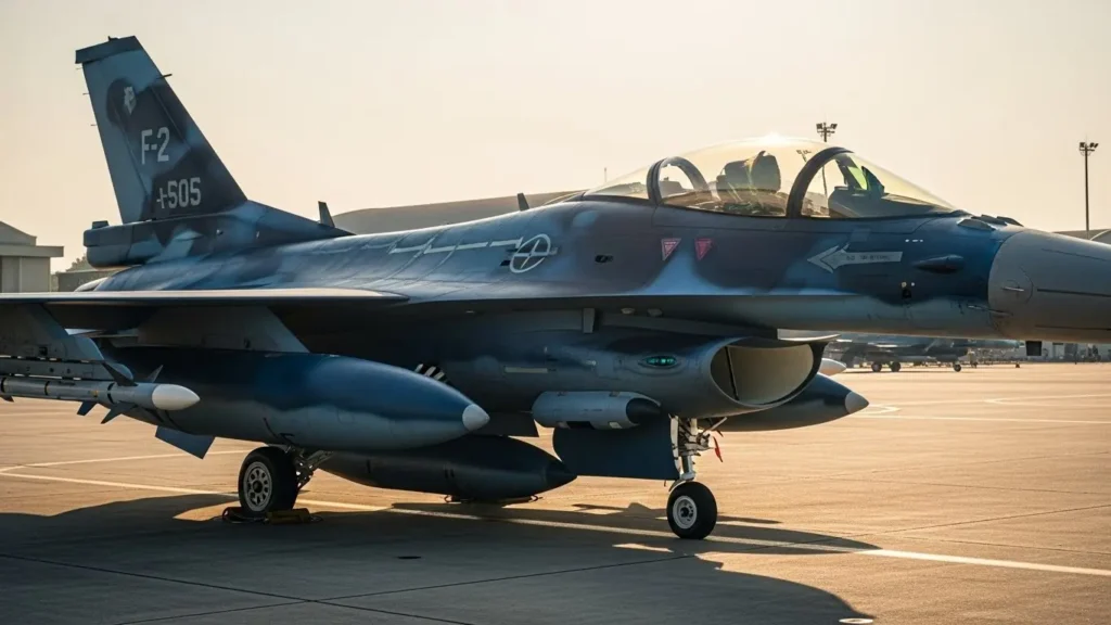 滑走路に駐機している洋上迷彩カラーのF-2戦闘機と主翼下のミサイル搭載ステーション