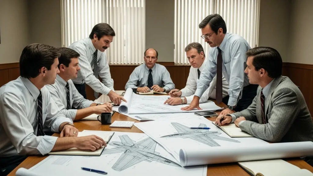 1980年代のオフィスで戦闘機の設計図を囲んで議論するアメリカ人のエンジニアたち