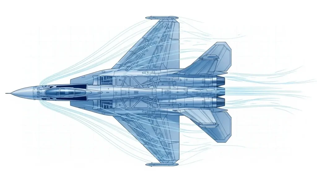 戦闘機の主翼面積の大きさと空気の流れを視覚化した航空力学のイメージ図