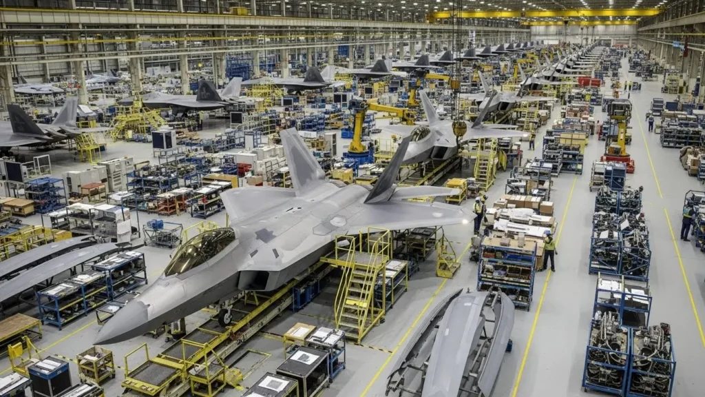 多数の戦闘機が効率的に製造されている大規模な航空機工場の生産ライン