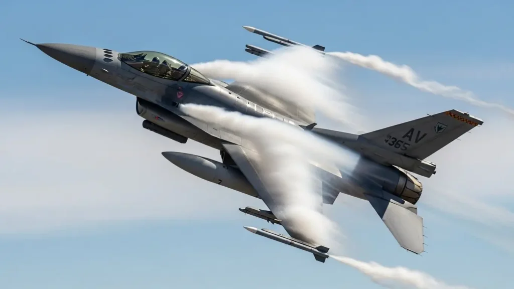 急旋回を行い翼からベイパー(水蒸気)を発生させているF-16戦闘機の空中機動