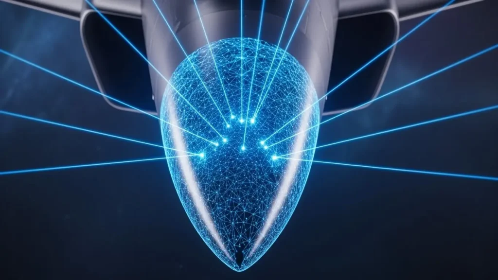 戦闘機のノーズコーンから照射されるAESAレーダーの電子スキャンをイメージしたCG