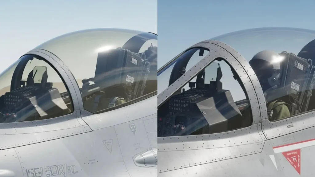 枠のない一体型キャノピーと枠付きの強化キャノピーの形状比較クローズアップ