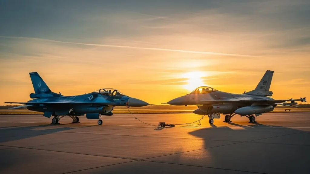夕暮れの滑走路に並んで駐機するF-2とF-16戦闘機のシルエット