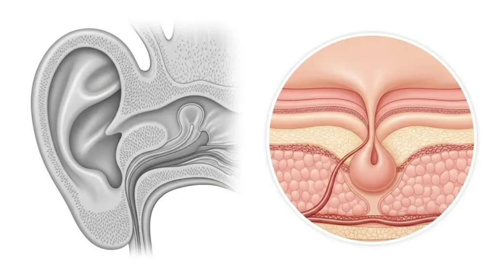 耳の軟骨組織とへそ周辺の皮膚構造の違いを示す解剖学的比較イメージ