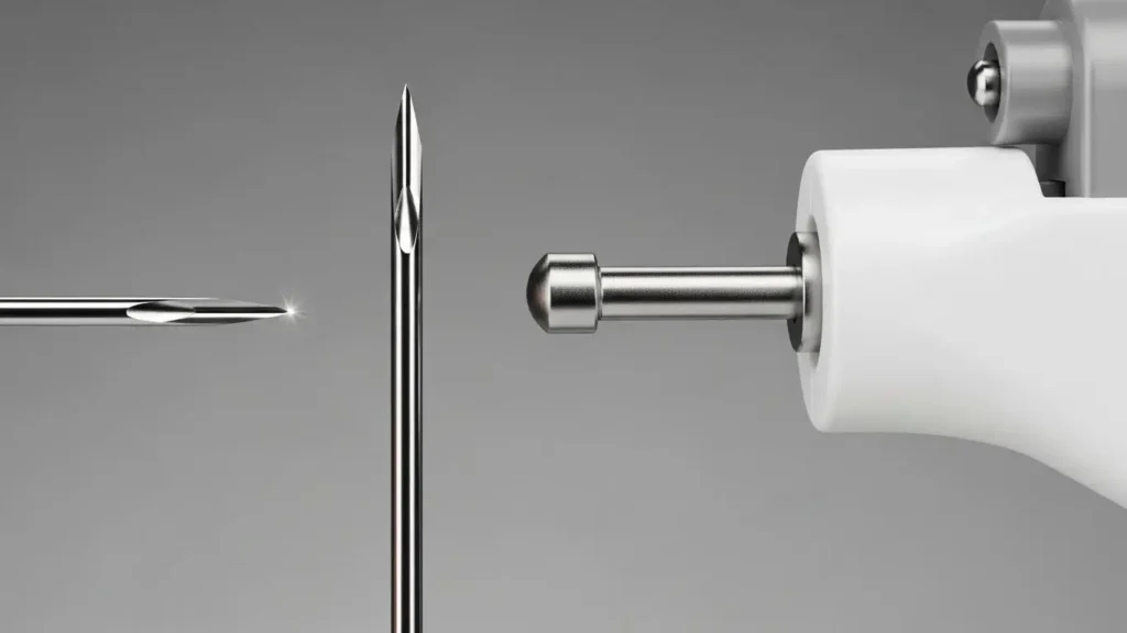 鋭利な医療用ニードルと一般的なピアッサーの先端形状の比較写真