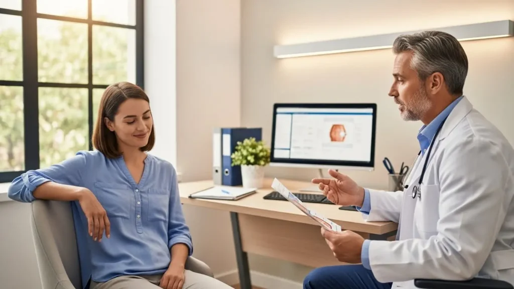 医療機関の清潔な診察室で医師からピアッシングの麻酔説明を安心して受けている女性