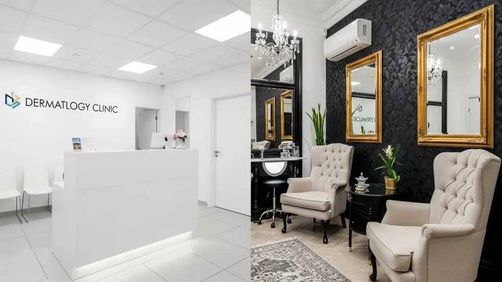 清潔感のある皮膚科クリニックの受付とスタイリッシュなピアススタジオの内装の雰囲気比較