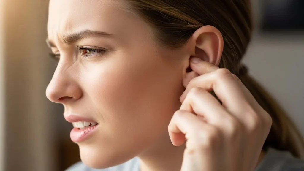 軟骨ピアスを開けた直後の鋭い痛みを感じて耳を押さえる女性の横顔