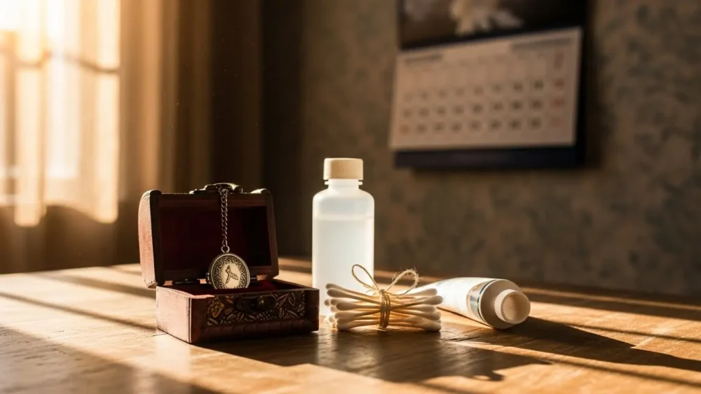 ピアスの治癒にかかる長い期間と日々のケア用品を暗示するイメージ