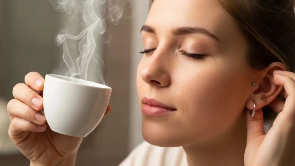 肉芽トラブルの予防とケアのために耳をホットソーク(お湯に浸すケア)している女性