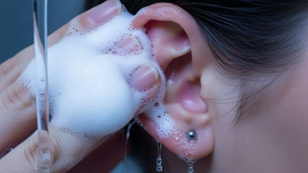 お風呂でたっぷりの泡を使ってピアスホールを優しく洗浄している様子