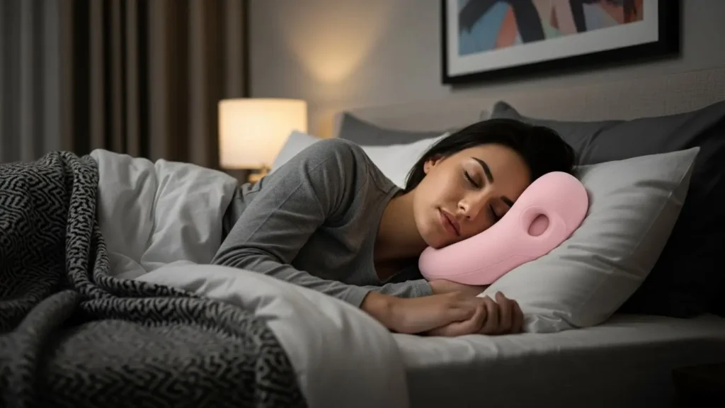 軟骨ピアスを圧迫しないようにドーナツ枕を使って横向きに寝ている女性