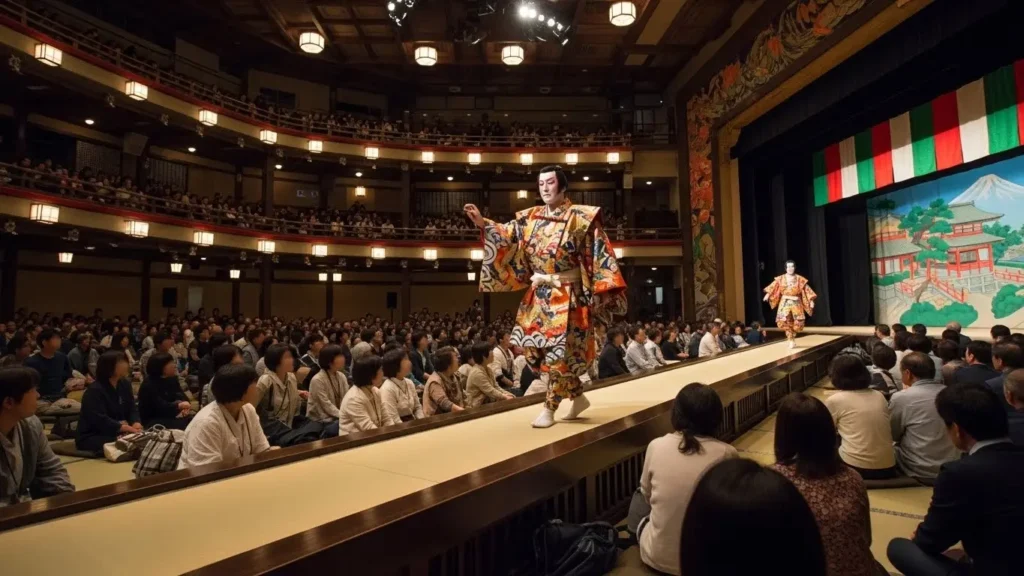 歌舞伎劇場の下手側(左側)にある花道を通り舞台へ向かう役者の様子
