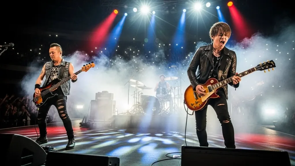 ライブステージ上で上手に立つギタリストと下手に立つベーシストの一般的なバンド編成