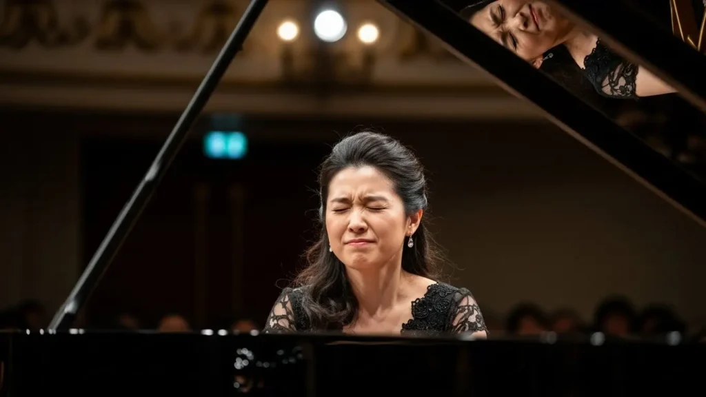 ピアノリサイタルの上手側(右側)席からの眺め。ピアノの屋根が開いており奏者の表情が見える視点