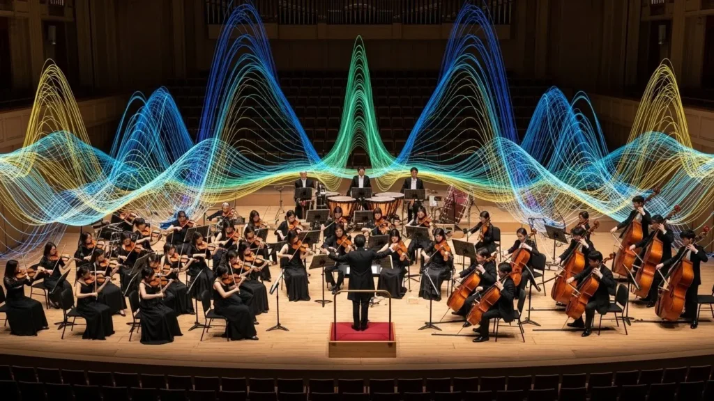 ステージ上のオーケストラ配置図。左側にヴァイオリン、右側にチェロやコントラバスが並ぶ様子