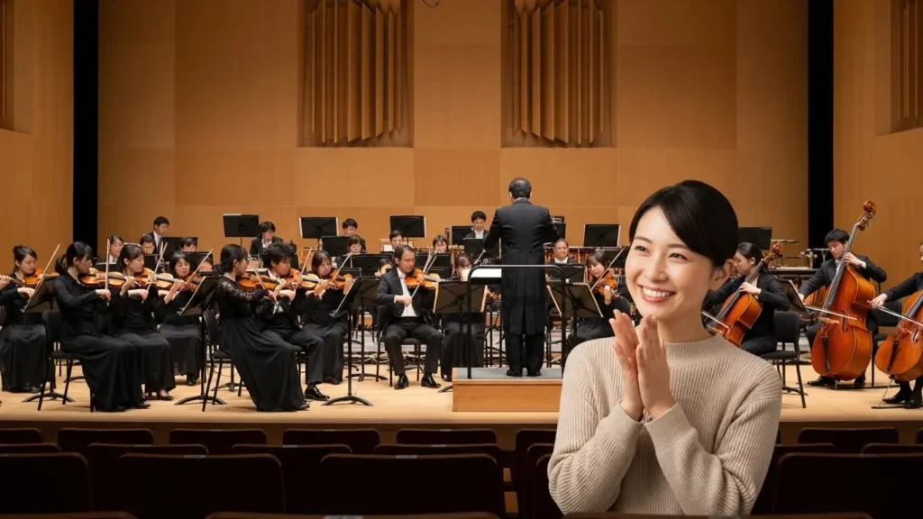 自分の目的に合った座席(上手か下手)を選び、ライブを心から楽しんでいる日本人女性の笑顔