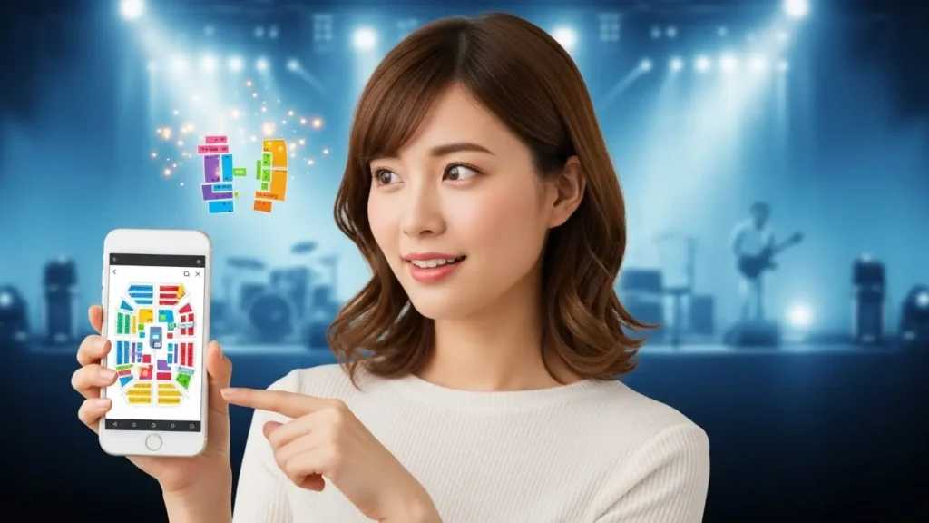 スマートフォンの座席予約画面を見ながら、上手と下手のどちらの席にするかワクワクしながら悩んでいる日本人女性