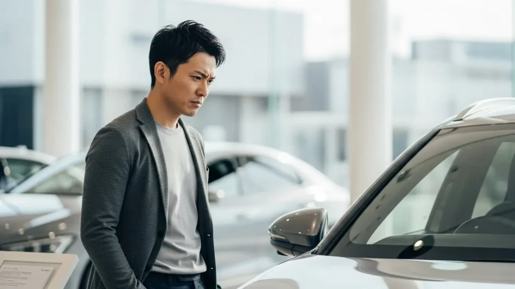 新しい車の前でナンバープレートの数字選びに悩む日本人男性。168と358のどちらが自分に合うか比較検討している様子。