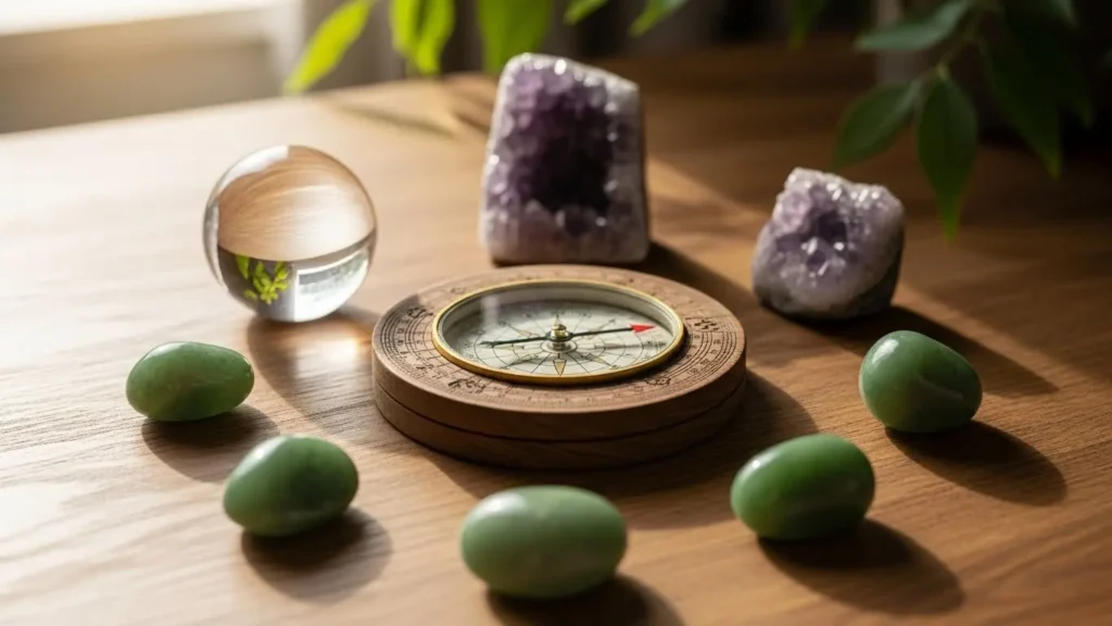 風水羅盤とパワーストーンが置かれた静かな空間。168と358の数字が持つ風水的な意味とエネルギーの違いを表現したイメージ。