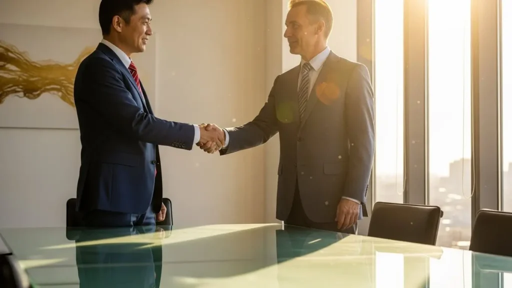 明るいオフィスで握手を交わす日本人ビジネスマン。168が意味する商売繁盛、着実な成功、富の拡大を象徴するイメージ。