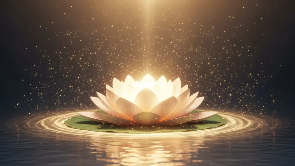 水面に浮かぶ光り輝く蓮の花と神秘的な光。仏教やお釈迦様にゆかりのある聖なる数字358のスピリチュアルな背景を表すイメージ。