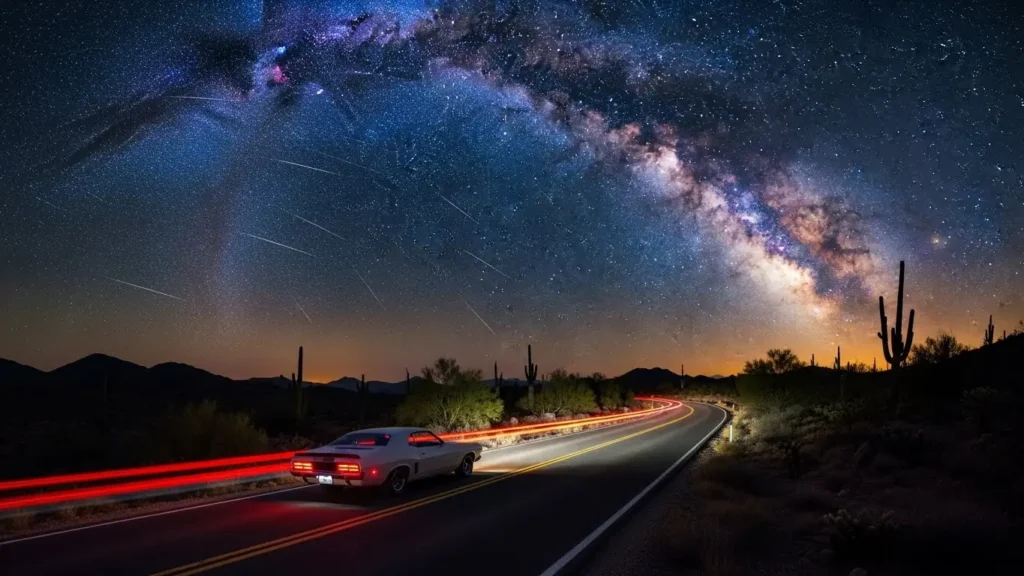 満天の星空と天の川の下を走る車。宇宙の法則やパワーとリンクするとされる358の神秘的な効果と強運を表現。