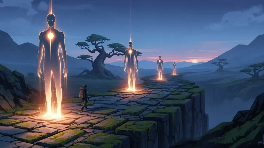 旅人を守る3つの光る守護神のシルエット。西遊記の孫悟空・沙悟浄・猪八戒になぞらえた358の強力な厄除け・守護効果のイメージ。