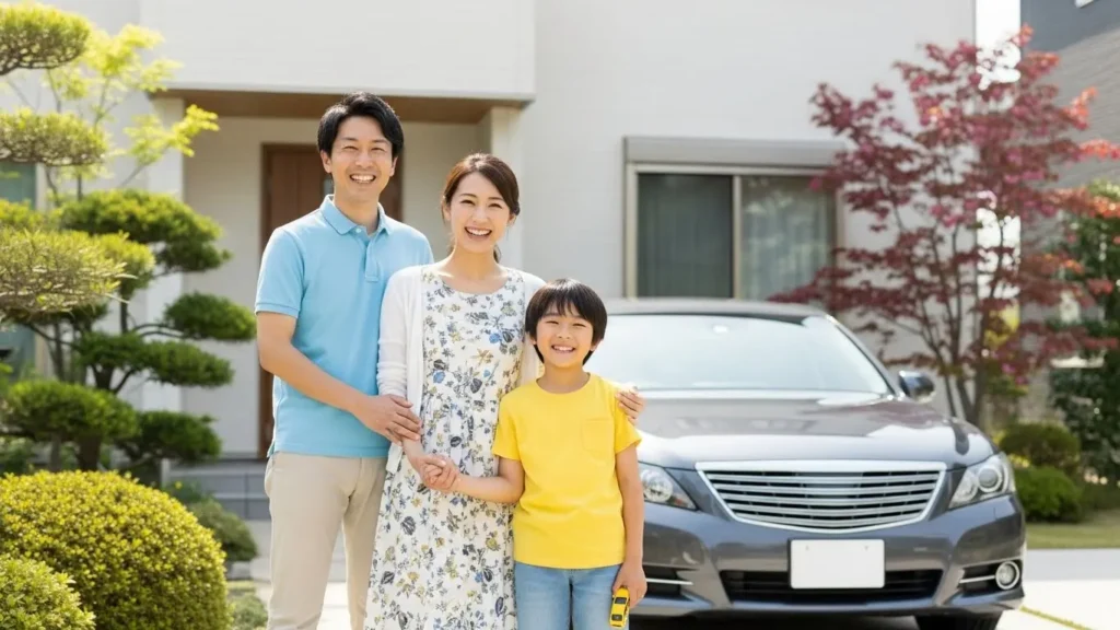 愛車の前で笑顔を見せる幸せな日本人家族。選んだナンバープレートと共に、安全で豊かなカーライフを送る未来のイメージ。