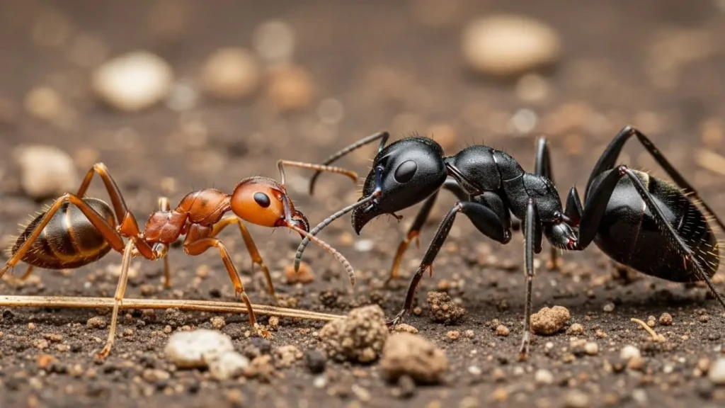 ヒアリと日本のクロオオアリが対峙しているクローズアップ画像。外来種の赤茶色のヒアリと在来種の大きな黒いアリの体格差と比較。