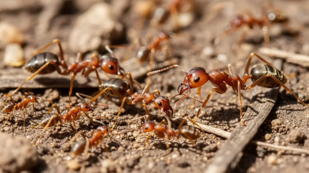 さまざまな大きさの個体が混在するヒアリの集団。多型性と呼ばれる2.5mmから6.0mmのサイズの違いを示す生態画像