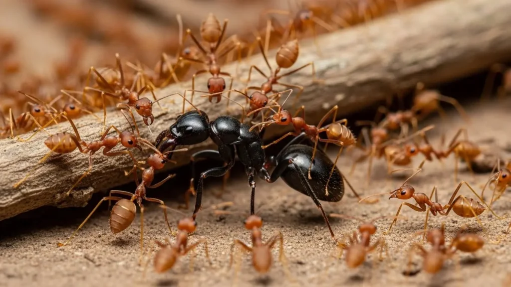 自然界での集団戦の様子。1匹の巨大なクロオオアリに対して数十匹のヒアリが群がり、圧倒的な数で攻撃している画像