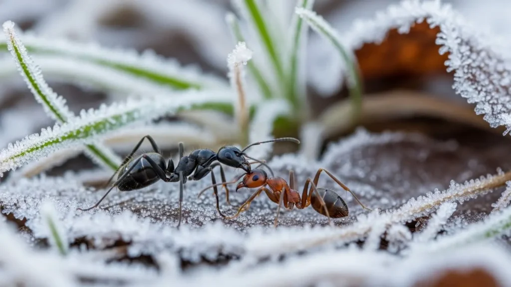 早朝の寒さで動きが鈍いヒアリを襲う日本のオオハリアリ。春先の気温差を利用した生態的勝利を描写した画像