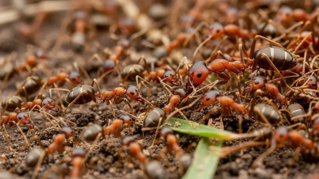 アルゼンチンアリ(茶色)とヒアリ(赤茶色)の縄張り争い。外来種同士が激しく衝突し、侵入を防ぐ様子