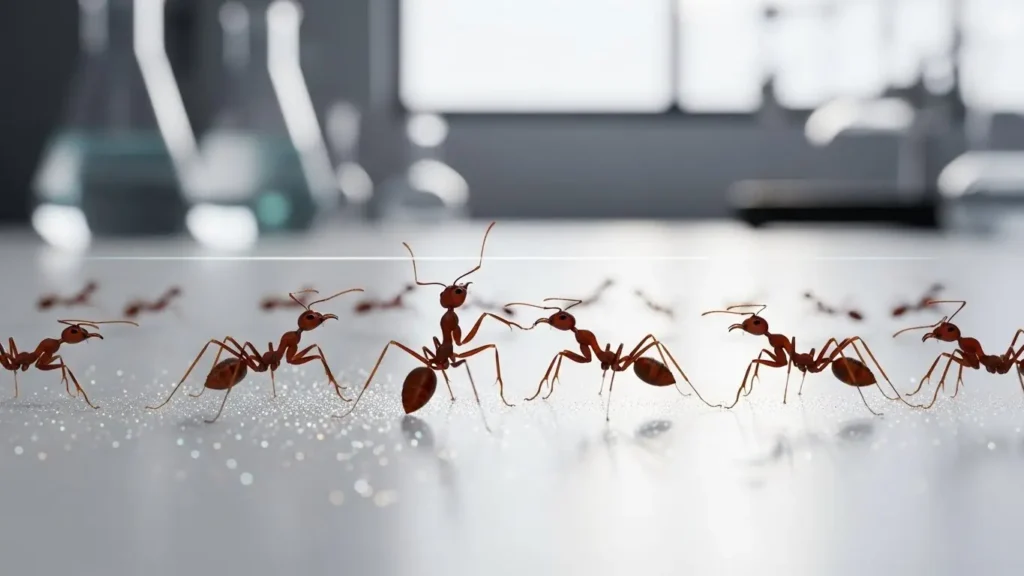 クロオオアリのフェロモン成分(忌避剤)を感知して逃げ出すヒアリの様子。化学物質による防衛策のイメージ図