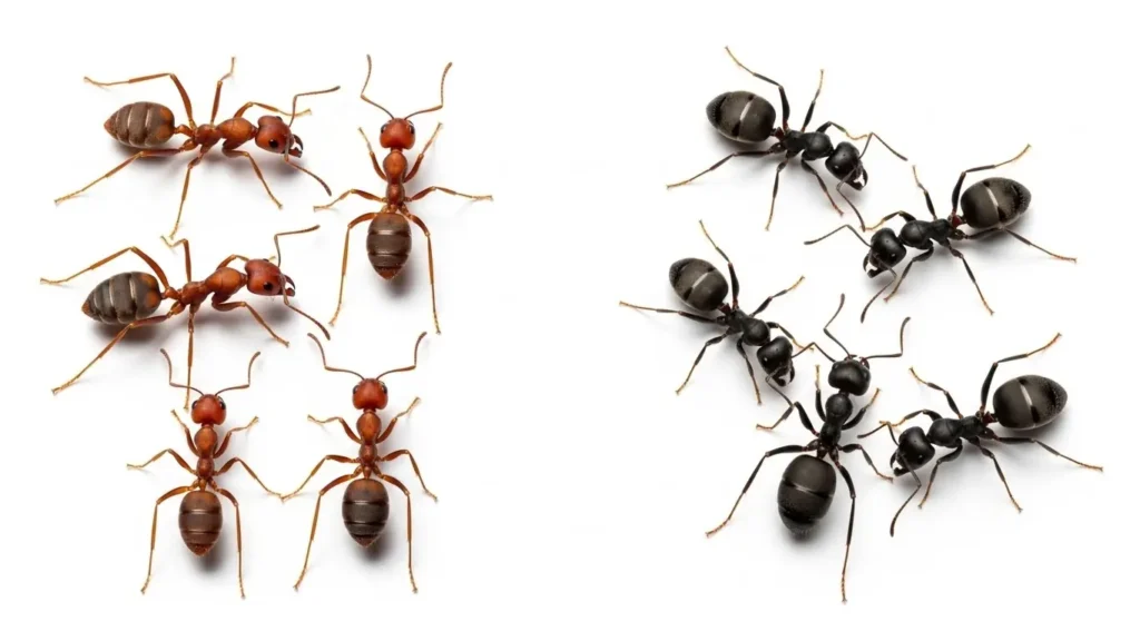 ヒアリと日本のアリの見分け方比較画像。サイズがバラバラで赤茶色のヒアリと、大きさが均一で黒い在来種の対比