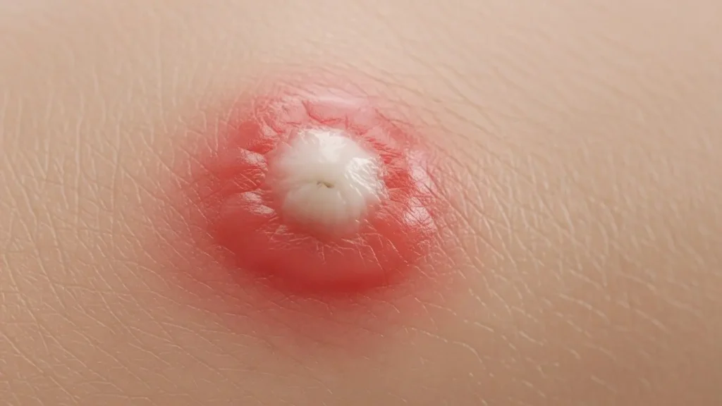 ヒアリに刺された患部の症状。赤く腫れた皮膚の中心に特徴的な白い膿(膿疱)ができている様子を示す医療系イメージ