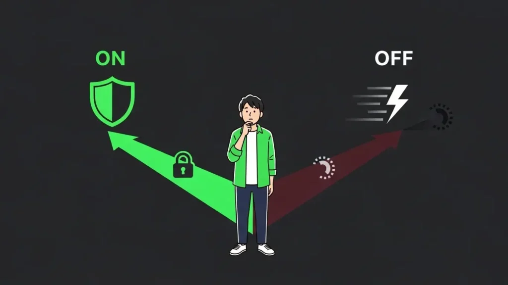プライベートリレーのON/OFF設定で迷う若い日本人男性。セキュリティ（盾と鍵）と速度（稲妻）の間のトレードオフを示す分岐点の道。