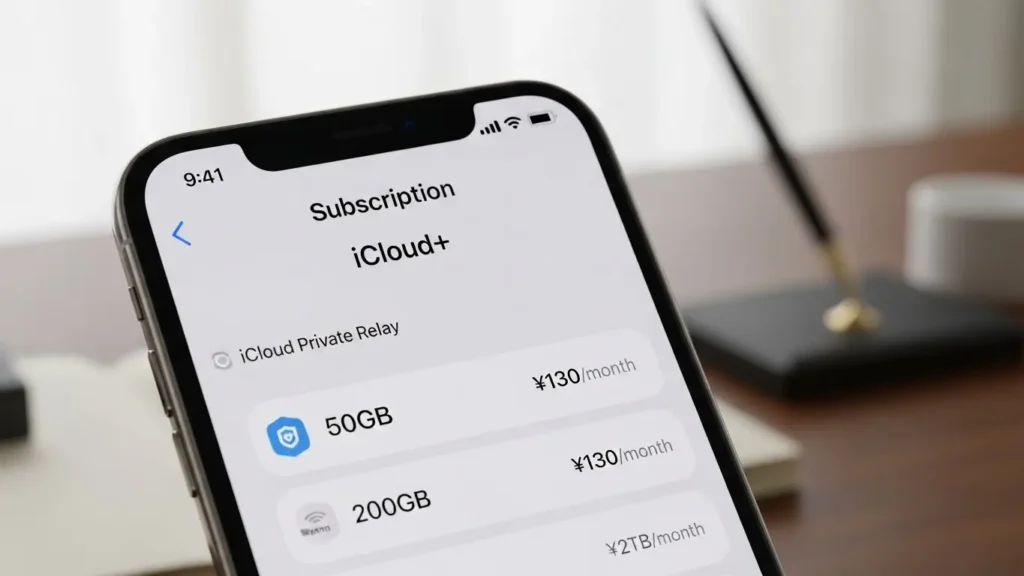 iPhoneの設定画面に表示されたiCloud+の料金プラン（月額130円〜）。プライベートリレーが有料のサブスクリプションに含まれることを示す画像。