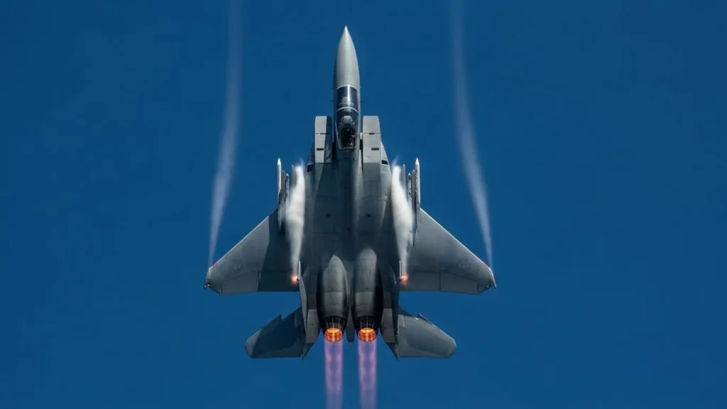 アフターバーナーを全開にして垂直上昇するF-15戦闘機。強力なエンジンの推力と圧倒的な加速性能を表現した迫力ある画像