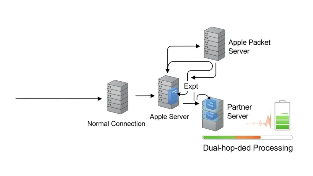 プライベートリレーが通信を2つのサーバー経由で中継する「デュアルホップ」の概念図。複雑な処理でiPhoneのバッテリーが余計に消費される様子。